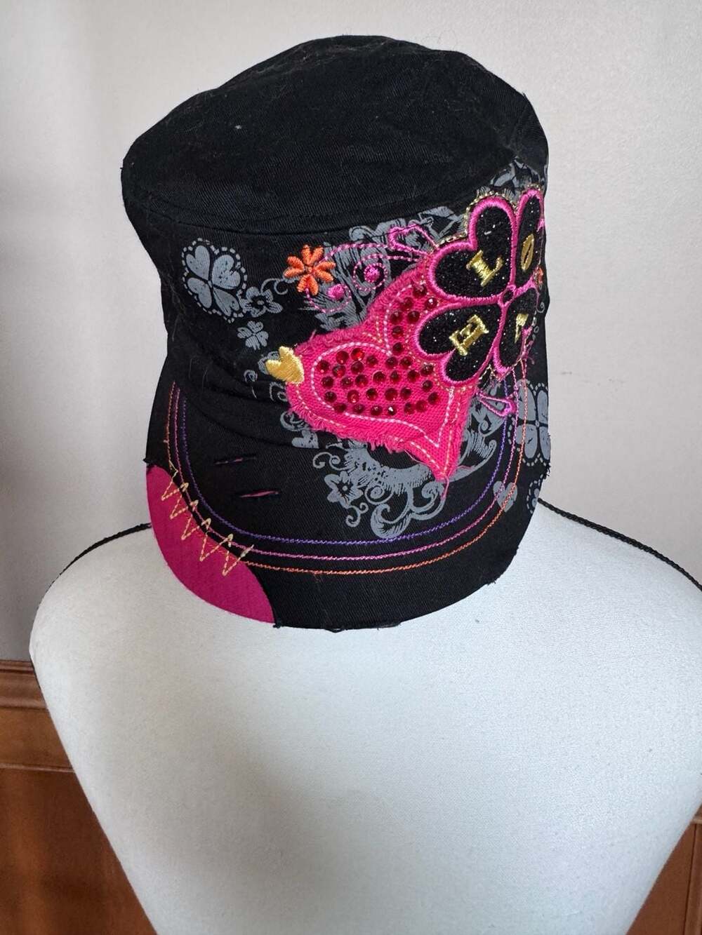 Kbethos Military Cadet Cap Black Pink Rhinestone Heart Embroidered